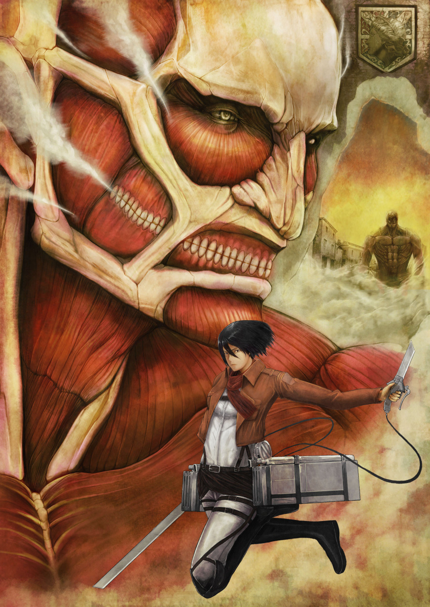 1girl 2boys absurdres armored_titan black_hair broken broken_sword broken_weapon colossal_titan dual_wielding exposed_muscle flying giant giant_male hair_between_eyes highres holding mikasa_ackerman multiple_boys no_skin paradis_military_uniform shingeki_no_kyojin short_hair size_difference steaming_body sword three-dimensional_maneuver_gear titan_(shingeki_no_kyojin) weapon yellow-zon