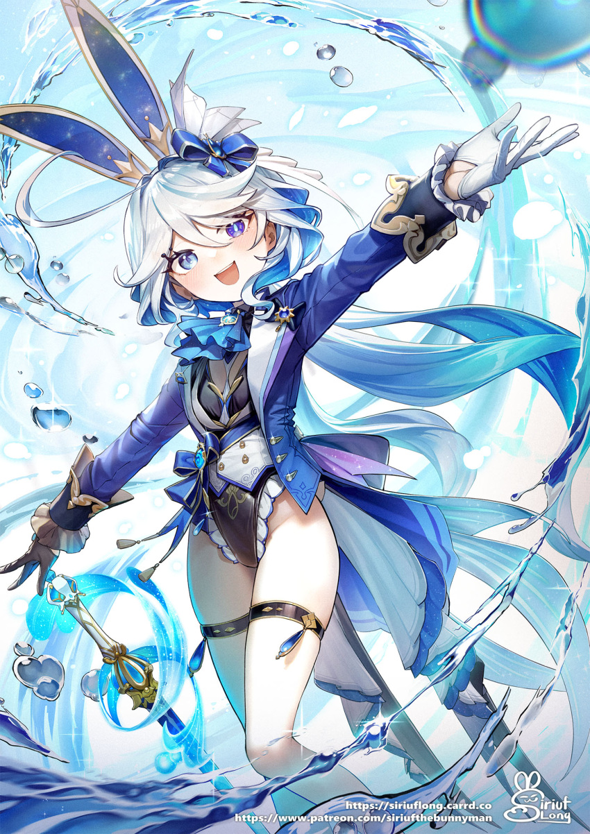 1girl :d alternate_costume animal_ears ascot asymmetrical_gloves black_leotard blue_ascot blue_eyes blue_gemstone blue_hair blue_jacket blush breasts coattails colored_inner_hair drop-shaped_pupils film_grain furina_(genshin_impact) gem genshin_impact gloves hair_ornament hand_on_hilt heterochromia highres hydrokinesis jacket leotard long_hair looking_at_viewer medium_breasts mismatched_gloves multicolored_hair open_mouth outstretched_arms patreon_username rabbit_ears signature siriuflong smile solo splendor_of_tranquil_waters_(genshin_impact) symbol-shaped_pupils thigh_strap vision_(genshin_impact) water white_hair