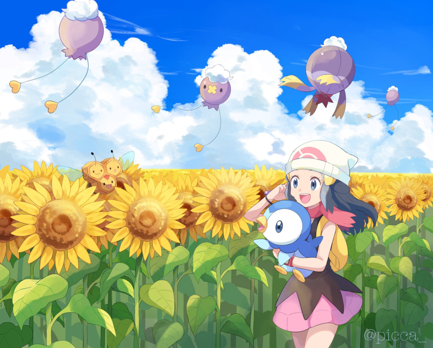 1girl :d backpack bag beanie black_hair bracelet cloud combee dawn_(pokemon) day drifloon eyelashes flower gen_4_pokemon grey_eyes hair_ornament hairclip hat highres holding holding_pokemon jewelry long_hair mei_(maysroom) open_mouth outdoors pink_scarf pink_skirt piplup pokemon pokemon_(anime) pokemon_(creature) pokemon_dppt_(anime) scarf shirt skirt sky sleeveless sleeveless_shirt smile sunflower tongue twitter_username upper_teeth white_headwear yellow_bag