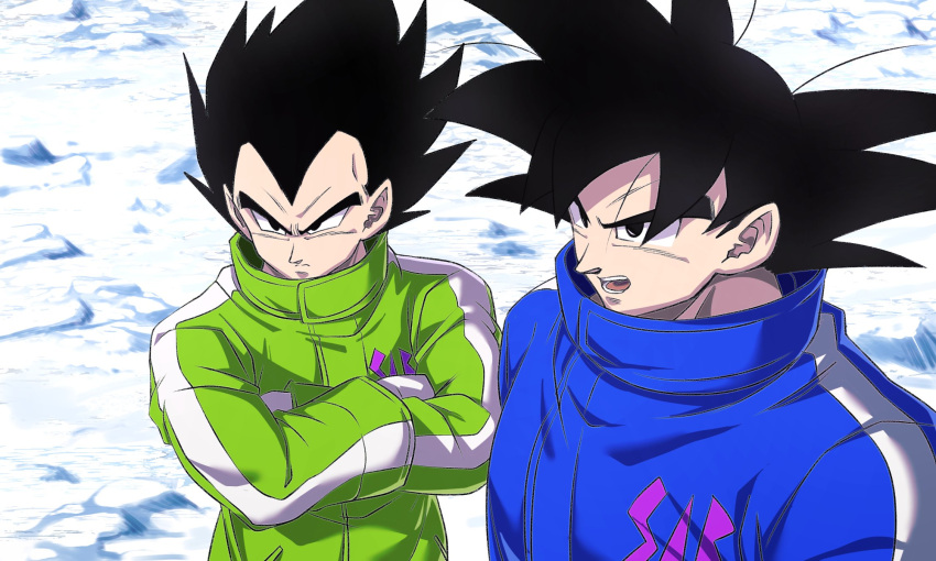 2boys black_eyes black_hair blue_coat coat crossed_arms dragon_ball dragon_ball_super dragon_ball_super_broly glacier green_coat highres male_focus multiple_boys sekitsuki_hayato son_goku spiked_hair standing upper_body vegeta