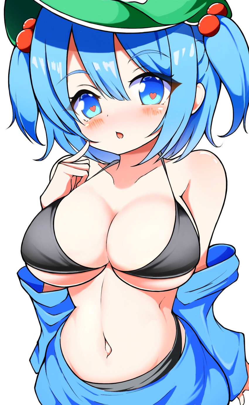 1girl bare_shoulders bikini black_bikini blue_eyes blush breasts cleavage collarbone commentary_request green_hat gyuta hair_bobbles hair_ornament heart heart-shaped_pupils highres kawashiro_nitori large_breasts looking_at_viewer navel open_mouth simple_background solo swimsuit symbol-shaped_pupils touhou two_side_up upper_body white_background