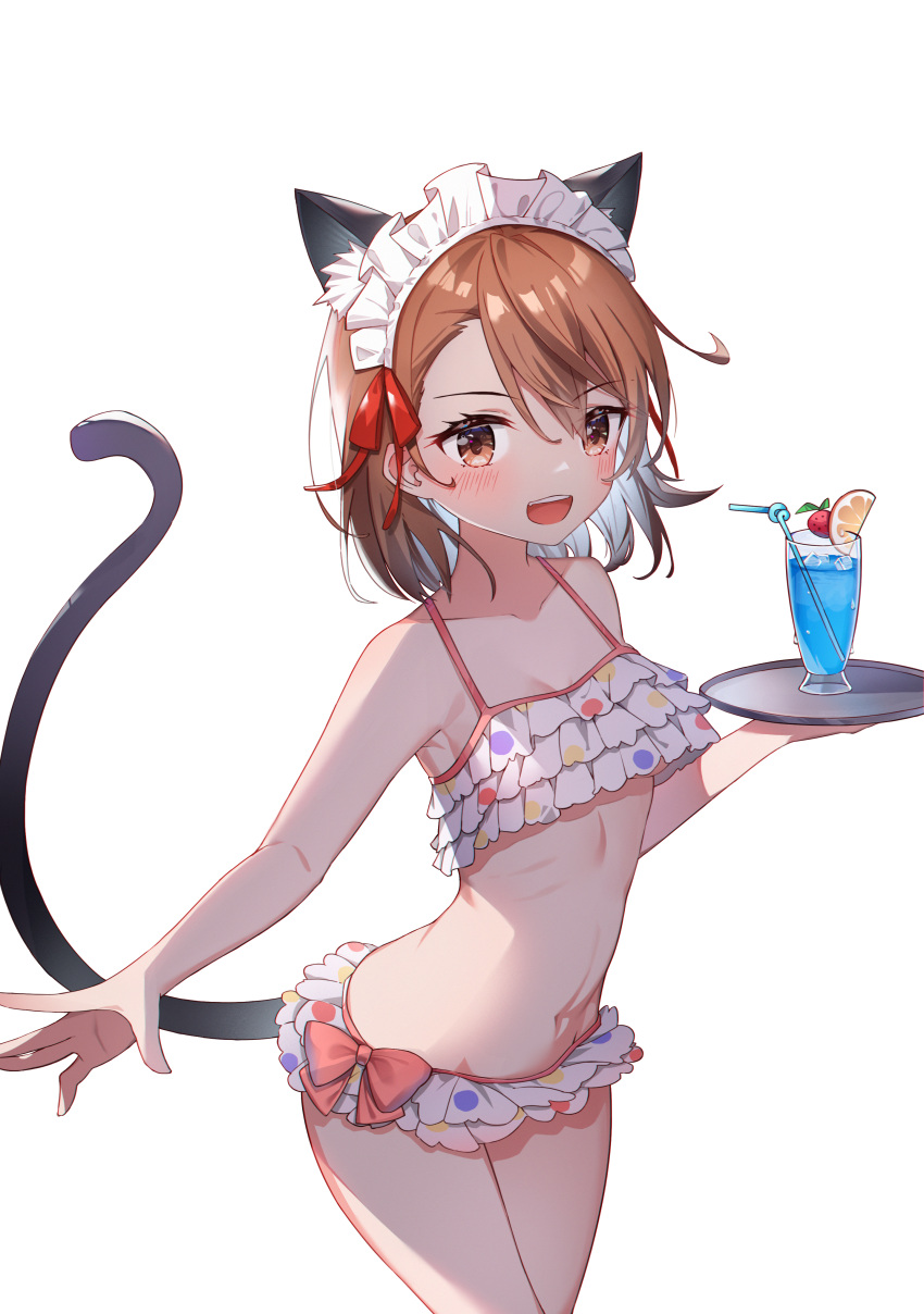 1girl absurdres animal_ears asymmetrical_bangs bangs bikini bikini_skirt blush bow breasts brown_eyes brown_hair cat_ears cat_tail collarbone cowboy_shot crazy_straw drinking_straw frilled_bikini frills highres looking_at_viewer maid_headdress medium_hair misaka_mikoto mushi_(1756559585) navel open_mouth polka_dot polka_dot_bikini simple_background solo stomach swimsuit tail toaru_majutsu_no_index tray tropical_drink underboob white_background white_bikini