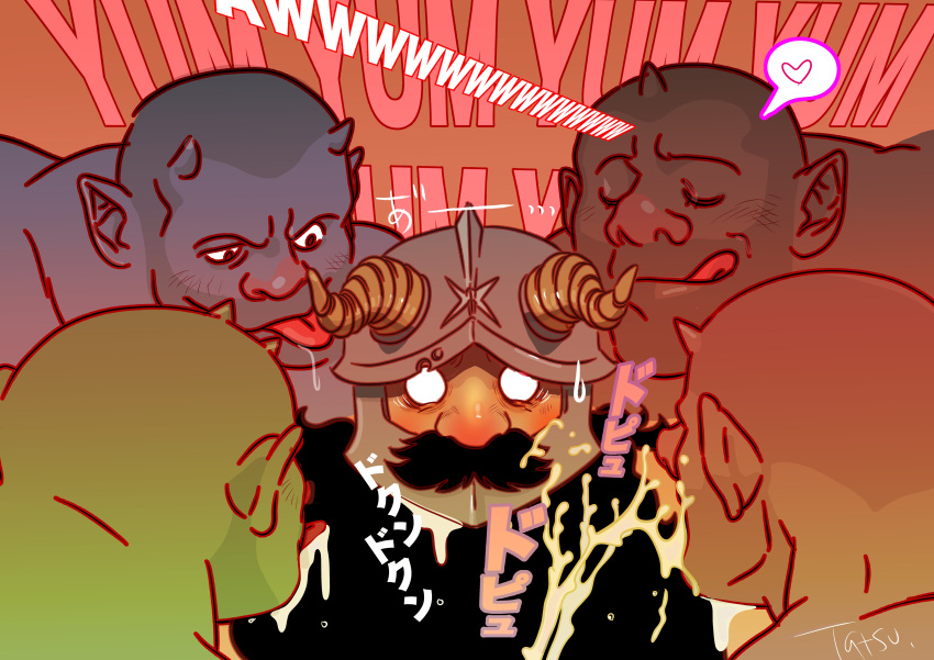 5boys absurdres bara beard blank_eyes blush brown_hair buzz_cut colored_skin cum da_(arttatsu1) dark-skinned_male dark_skin derivative_work dungeon_meshi dwarf english_text facial_hair fake_horns fantasy green_skin heart helmet highres horned_helmet horns interspecies licking_lips long_beard male_focus mixed-language_text multilingual multiple_boys orc projectile_cum saliva screenshot_redraw senshi_(dungeon_meshi) short_hair skin-covered_horns solo_focus sound_effects spoken_heart thick_mustache tongue tongue_out tusks very_long_beard very_short_hair yaoi