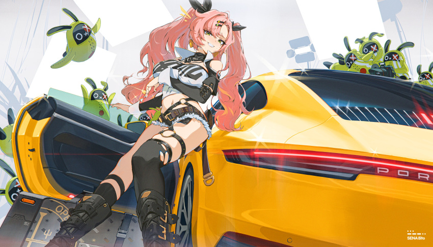 1girl absurdres bangboo_(zenless_zone_zero) bare_shoulders black_ribbon black_shorts breasts car crop_top green_eyes grin hair_ornament hair_ribbon hairclip highres large_breasts long_hair looking_at_viewer mole motor_vehicle navel nicole_demara pink_hair ribbon sena_8ito shorts smile solo strapless tube_top two_side_up vehicle_focus zenless_zone_zero