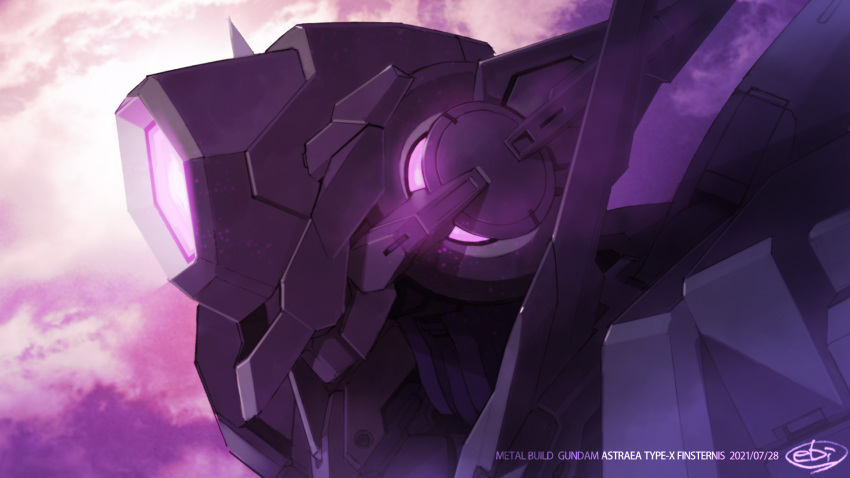 character_name cloud dated ebikawa_kanetake from_side glowing glowing_eye gundam gundam_00 gundam_astraea_type-x_finsternis highres mecha mobile_suit one-eyed purple_eyes science_fiction sky solo v-fin