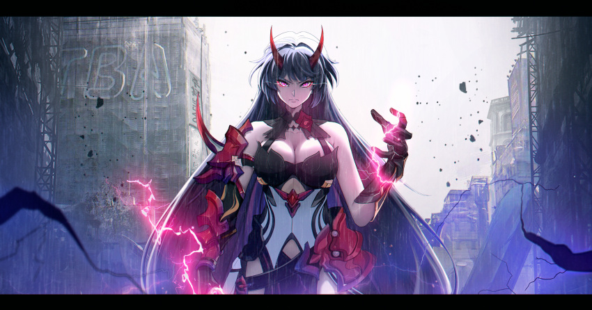 &gt;:( 1girl absurdres armor belt black_lightning blunt_bangs breasts building cleavage colored_skin concrete destruction fader_ec gauntlets highres honkai_(series) honkai_impact_3rd horns lightning lightning_glare loincloth long_hair medium_breasts purple_eyes purple_hair raiden_mei raiden_mei_(herrscher_of_thunder) red_lightning ruins scaffolding shoulder_armor tree v-shaped_eyebrows white_skin