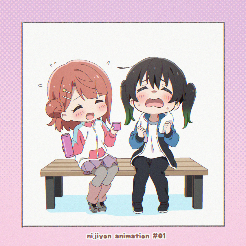 2girls black_footwear black_hair black_pants blue_jacket blush border chibi closed_eyes commentary_request copyright_name english_text facing_another flying_sweatdrops furrowed_brow gradient_hair green_hair grey_footwear grey_pantyhose hair_bun hair_ornament hairclip highres holding holding_thermos holding_towel jacket kiritsuki_(crux) long_sleeves love_live! love_live!_nijigasaki_high_school_idol_club medium_hair multicolored_hair multiple_girls nijiyon on_bench open_clothes open_jacket open_mouth pants pantyhose pink_skirt pink_sleeves polka_dot_border purple_border red_hair shirt shoes single_side_bun sitting skirt takasaki_yu thermos towel track_jacket twintails uehara_ayumu white_background white_jacket white_shirt