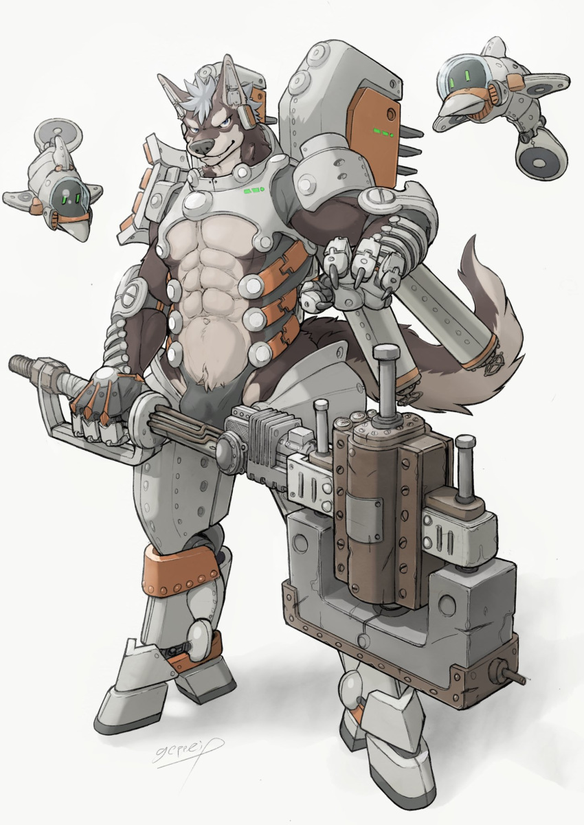 abs anthro armor armored_gloves bulge canid canine clothing cybernetics full-length_portrait geppei5959 gloves grey_clothing grey_hair grey_underwear hair hammer handwear hi_res holding_hammer holding_object holding_tool kemono machine male mammal mechanical_wings muscular muscular_anthro muscular_male pecs portrait robot simple_background smile solo standing tools underwear white_background