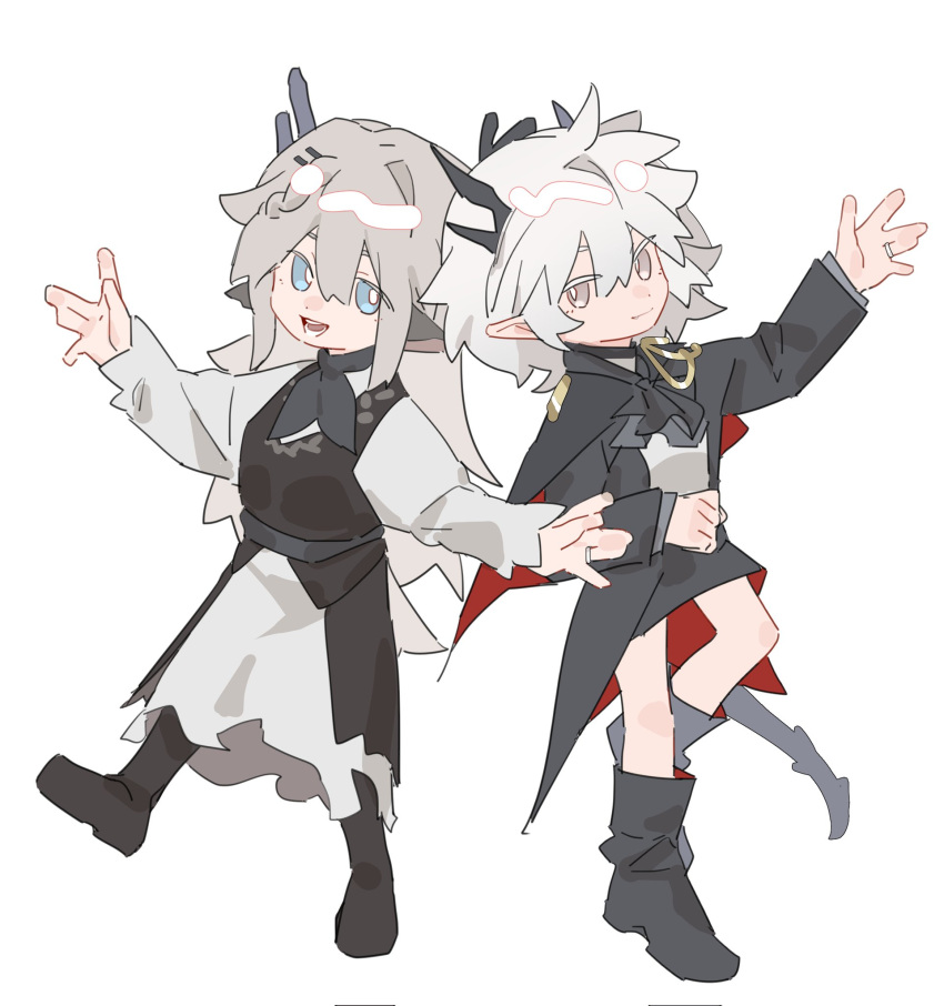 2girls alina_(arknights) animal_ears antlers arknights arm_up ascot black_ascot black_dress black_footwear black_jacket blue_eyes boots bright_pupils closed_mouth commentary deer_antlers deer_ears dress fang grey_eyes grey_hair hair_ornament hairclip highres horns jacket jewelry long_hair long_sleeves molu_stranger multiple_girls open_mouth outstretched_arms pointy_ears ring smile talulah_(arknights) wedding_ring white_background white_dress white_hair white_pupils wife_and_wife
