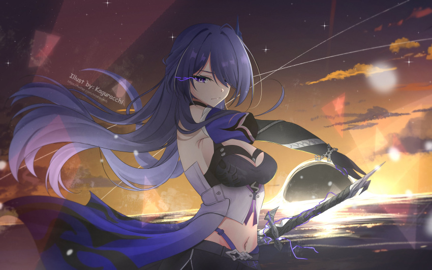 1girl absurdres acheron_(honkai:_star_rail) bare_shoulders black_gloves breasts chain cleavage commentary gloves highres honkai:_star_rail honkai_(series) katana long_hair mashiro_arts medium_breasts midriff navel purple_eyes purple_hair solo stomach sword upper_body very_long_hair weapon