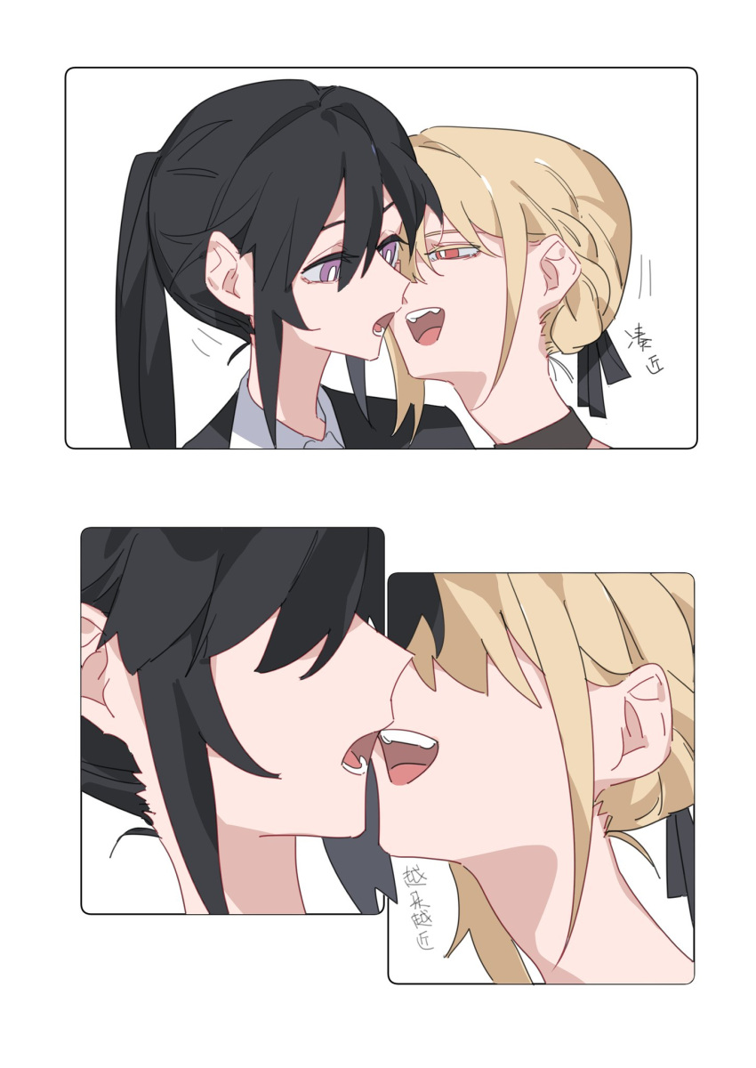 2girls black_jacket black_ribbon blonde_hair braid bright_pupils commentary_request french_braid hair_ribbon hair_up highres imminent_kiss inoue_takina jacket long_hair lycoris_recoil molu_stranger multiple_girls nishikigi_chisato open_mouth ponytail purple_eyes ribbon translation_request white_background white_pupils yuri