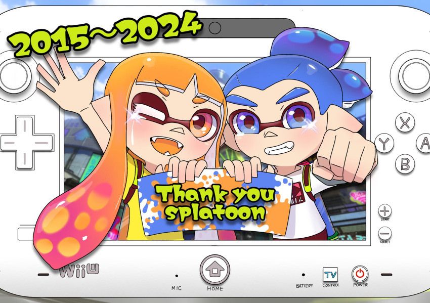 1boy 1girl blue_eyes blue_hair commentary_request copyright_name crying furu_spla game_console goodbye highres incoming_fist_bump inkling inkling_boy inkling_girl inkling_player_character long_hair one_eye_closed open_mouth orange_eyes orange_hair pointy_ears short_hair smile splatoon_(series) splatoon_1 streaming_tears tears teeth tentacle_hair thank_you thick_eyebrows waving wii_u wii_u_gamepad