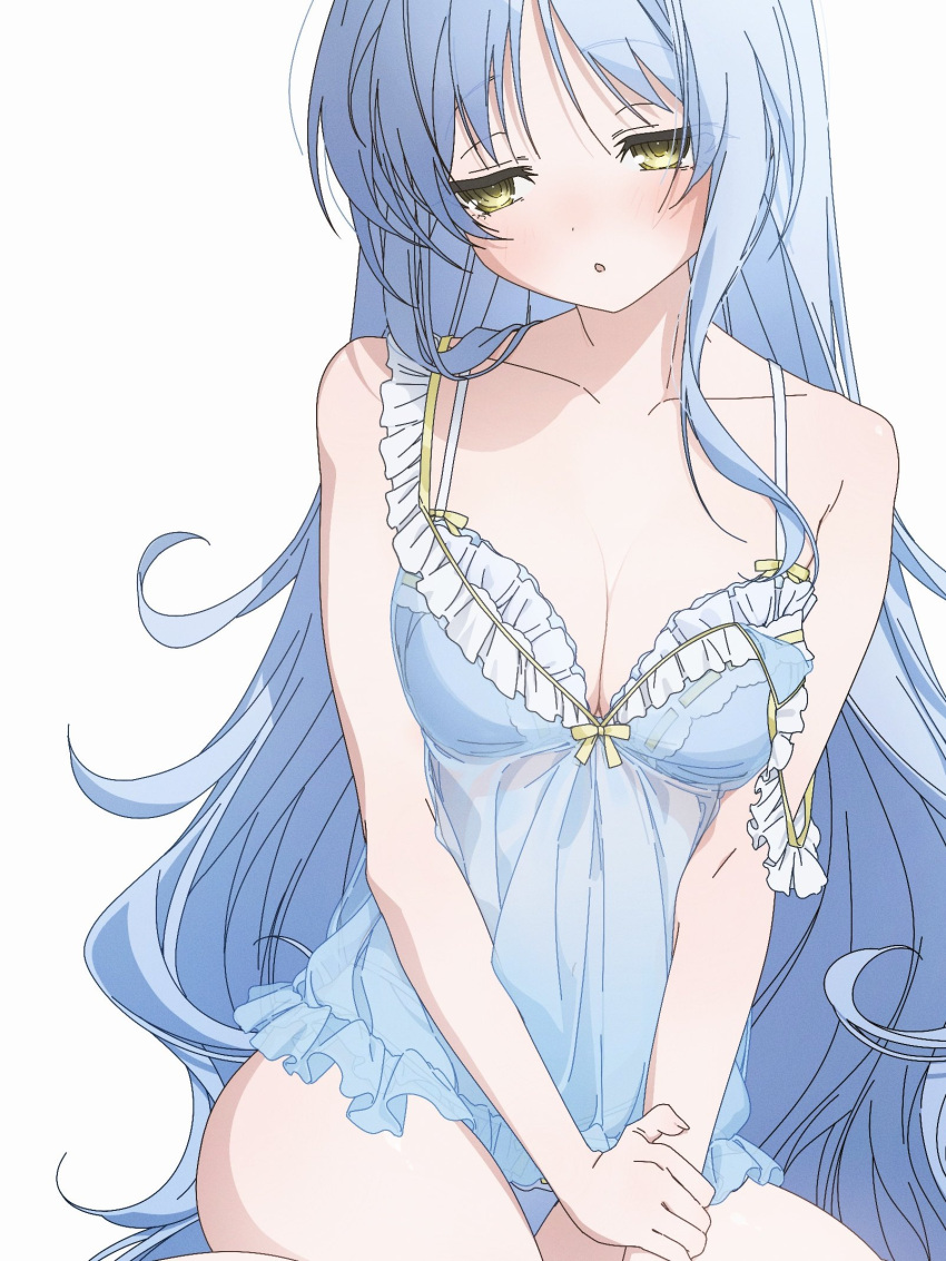 1girl babydoll bare_legs blue_babydoll blue_hair blue_panties blush borrowed_character breasts commentary_request highres long_hair looking_to_the_side original panties parted_lips simple_background sitting small_breasts solo underwear usurai_rairai white_background yellow_eyes