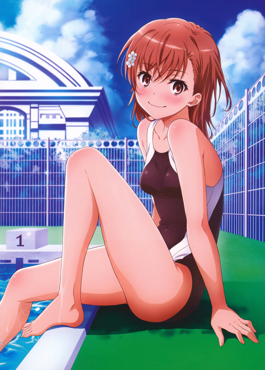 1girl absurdres arm_support bare_shoulders barefoot black_one-piece_swimsuit blue_sky blush breasts brown_eyes brown_hair closed_mouth cloud cloudy_sky competition_swimsuit day feet fence hair_ornament highres isshi_pyuma knee_up legs looking_at_viewer medium_hair misaka_mikoto multicolored_clothes multicolored_swimsuit non-web_source one-piece_swimsuit outdoors pool poolside school_swimsuit sitting sky small_breasts smile solo swimsuit thighs toaru_kagaku_no_railgun toaru_majutsu_no_index toes tokiwadai_school_swimsuit water wet