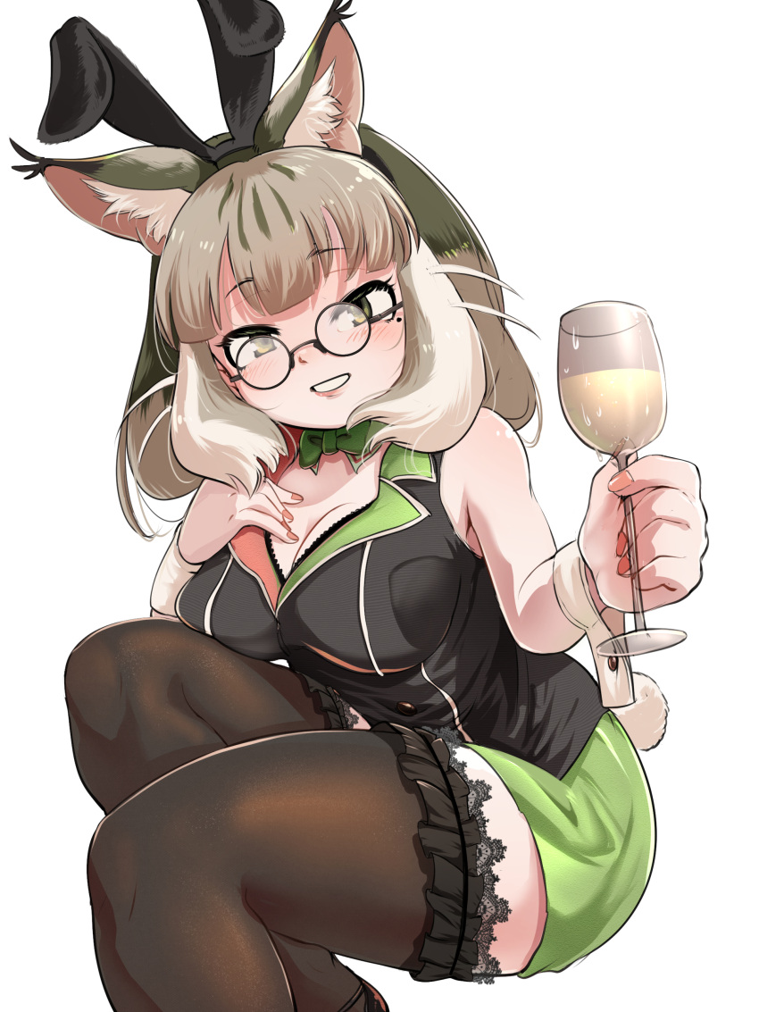 1girl absurdres alcohol animal_ears bare_shoulders bow bowtie bunny_garden cat_ears cat_girl cup drinking_glass extra_ears glasses green_eyes grey_hair highres jacket jungle_cat_(kemono_friends) kemono_friends kemono_friends_v_project long_hair looking_at_viewer mcgunngu parody rabbit_ears simple_background skirt sleeveless solo tail thighhighs virtual_youtuber wrist_cuffs