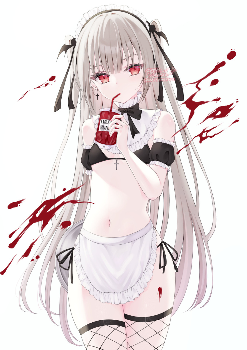 1girl apron bare_shoulders bikini blonde_hair blood blood_bag blood_splatter breasts detached_collar detached_sleeves drinking drinking_straw drinking_straw_in_mouth fishnet_thighhighs fishnets frilled_apron frills highres inverted_cross_earrings long_hair looking_at_viewer maid maid_bikini maid_headdress murur_(matsumikoru) navel original red_eyes side-tie_bikini_bottom simple_background small_breasts solo swimsuit thighhighs thighs two_side_up unconventional_maid vampire white_apron white_background