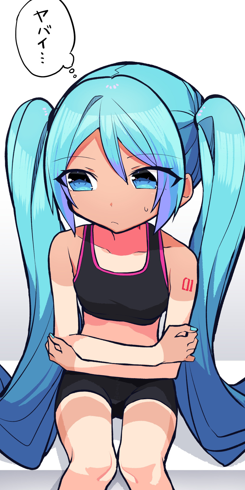 1girl absurdres aqua_eyes aqua_hair aqua_nails bike_shorts black_bra black_shorts bra collarbone commentary cowboy_shot crossed_arms frown hatsune_miku highres kasaki_sakura long_hair looking_away looking_to_the_side nail_polish shirt_tan shorts shoulder_tattoo sitting solo sports_bra sweat tan tanlines tattoo thought_bubble translated twintails underwear very_long_hair vocaloid