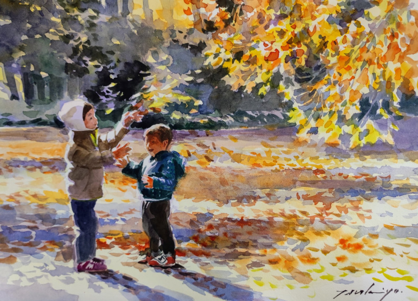 2boys autumn autumn_leaves blue_pants child dappled_sunlight day forest highres hood hooded_jacket jacket multiple_boys nature original painting_(medium) pants playing realistic scenery shadow sunlight traditional_media tree tree_shade tsukiyo_ono watercolor_(medium)