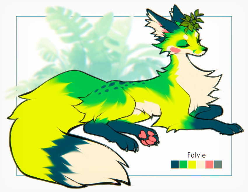 canid canine chest_tuft color_swatch dipstick_tail eyes_closed falvie feral fox fur green_body green_fur hi_res inner_ear_fluff mammal markings model_sheet pawpads pink_pawpads solo tail tail_markings tuft white_body white_fur yellow_body yellow_fur