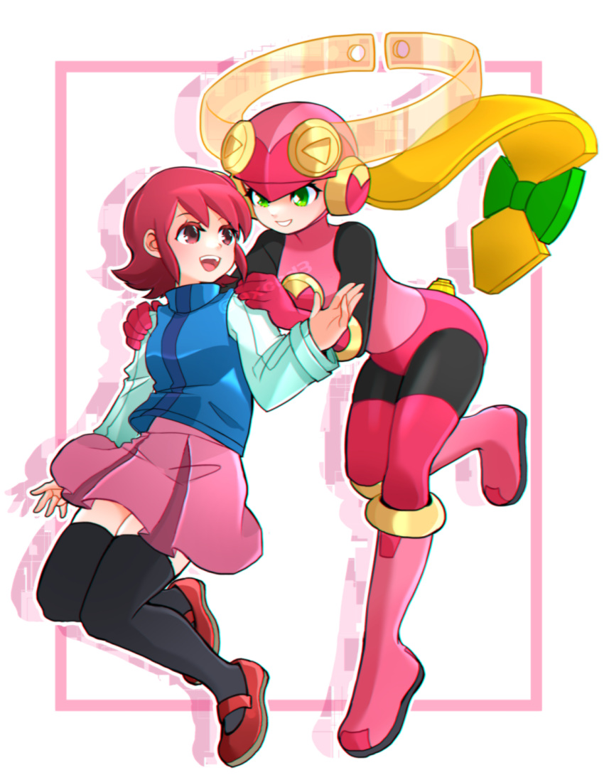 0xced3 2girls black_bodysuit black_thighhighs blonde_hair blue_shirt blue_vest bodysuit brown_eyes full_body green_eyes hair_ribbon halo highres leotard long_hair looking_at_another mayl_sakurai_(mega_man) mega_man_(series) mega_man_battle_network_(series) multiple_girls netnavi pink_leotard pink_skirt pink_thighhighs red_hair ribbon roll.exe_(mega_man) shirt short_hair skirt smile teeth thighhighs upper_teeth_only vest