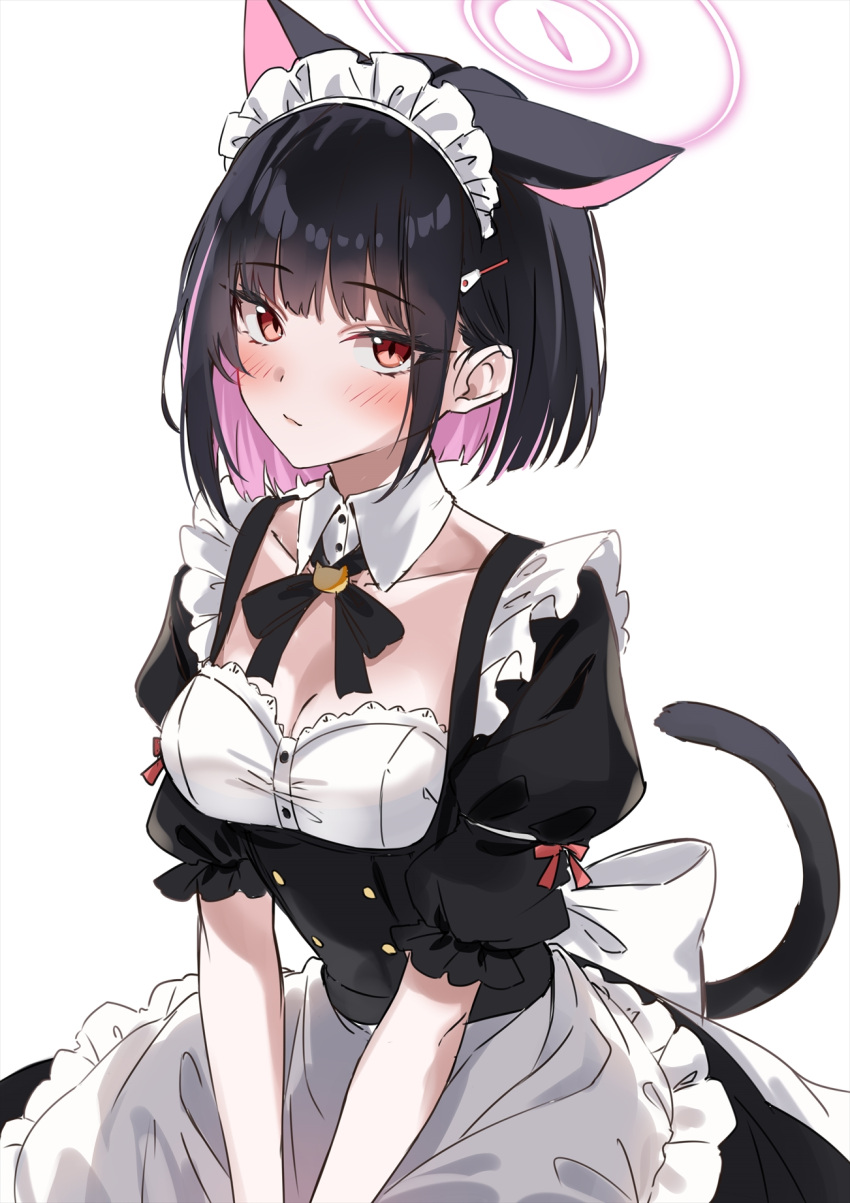 1girl alternate_costume animal_ears apron black_dress black_hair blue_archive blush breasts cat_ears cat_tail cleavage closed_mouth collarbone colored_inner_hair detached_collar dress enmaided extra_ears frilled_apron frills hair_ornament hairclip halo highres kazusa_(blue_archive) looking_at_viewer maid maid_apron maid_day maid_headdress marisasu_(marisa0904) medium_breasts multicolored_hair pink_hair pink_halo red_eyes short_hair short_sleeves solo tail white_apron