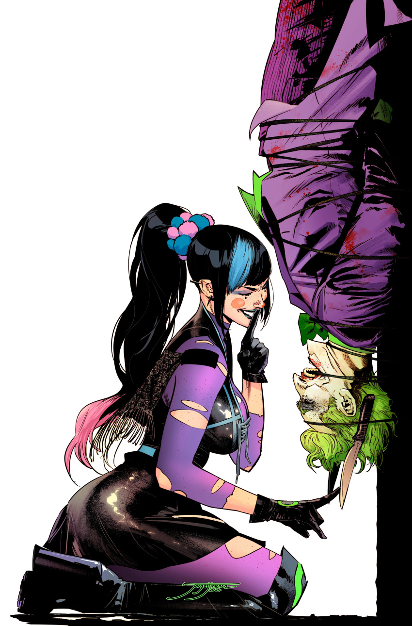 1boy 1girl absurdres batman_(series) black_footwear black_gloves black_hair black_lips black_skirt blue_hair boots breasts closed_eyes dc_comics finger_to_mouth from_side gloves green_hair highres jacket joker_(dc) jorgejimenezart knee_boots kneeling knife large_breasts long_hair miniskirt multicolored_hair open_mouth pants pantyhose pink_hair ponytail punchline_(dc) purple_jacket purple_pants purple_pantyhose purple_shirt purple_suit shirt short_hair signature simple_background skirt suit torn_clothes torn_pantyhose torn_shirt white_background