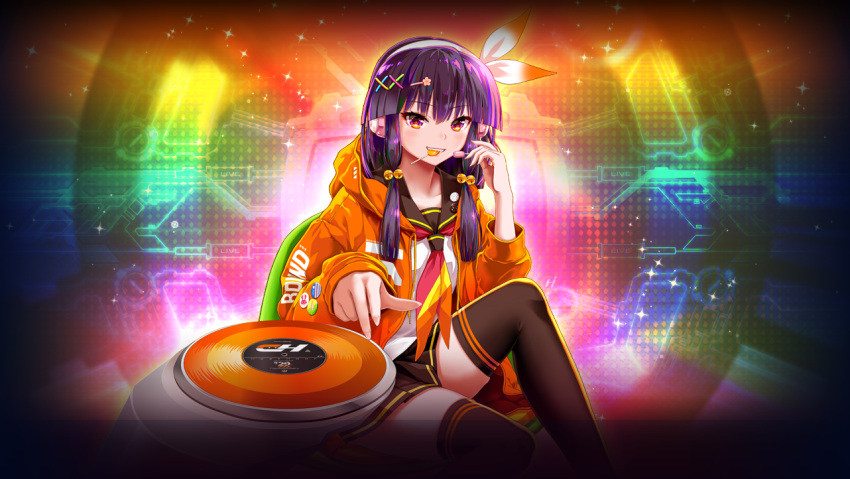 1girl beatmania_iidx black_thighhighs blunt_bangs breasts candy food goli_matsumoto hair_between_eyes hair_ornament hand_fan headphones hood hoodie medium_breasts non-web_source official_art orange_hoodie purple_eyes purple_hair school_uniform serafuku sidelocks skirt solo thighhighs thighs turntable umegiri_hifumi