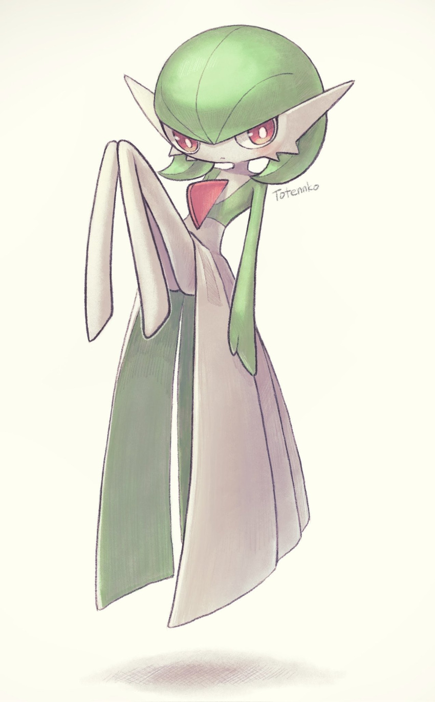 artist_name bob_cut colored_skin dress floating gardevoir green_hair highres looking_at_viewer multicolored_skin pink_eyes pokemon pokemon_(creature) serious simple_background totennko two-tone_skin white_dress white_skin