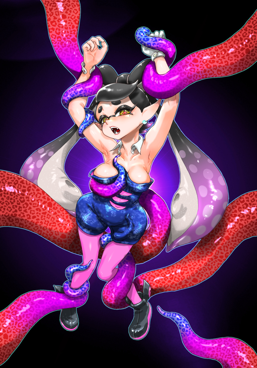 1girl ankle_boots armpits arms_up black_footwear black_hair blue_jumpsuit boots bow-shaped_hair breasts callie_(splatoon) cleavage collarbone covered_navel cross-shaped_pupils detached_collar earrings fangs gloves gradient_hair highres inkling jewelry jumpsuit koharu2.5 long_hair medium_breasts mole mole_under_eye multicolored_hair open_mouth pantyhose pink_hair pink_pantyhose pointy_ears red_pupils restrained short_eyebrows short_jumpsuit single_glove splatoon_(series) splatoon_1 suction_cups symbol-shaped_pupils teeth tentacle_hair tentacles two-tone_hair very_long_hair white_gloves yellow_eyes