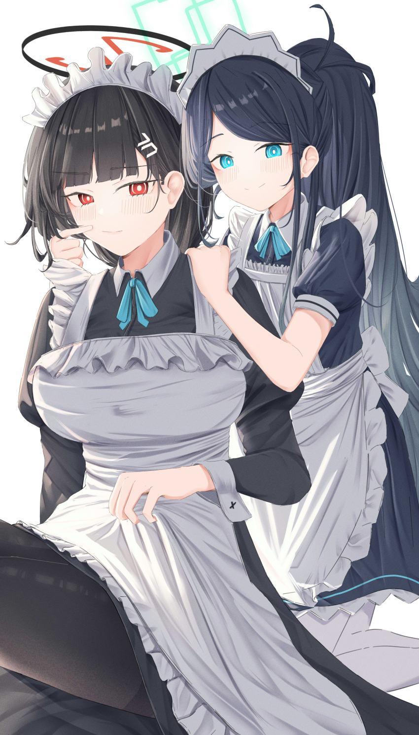 2girls absurdly_long_hair absurdres alternate_costume apron aris_(blue_archive) aris_(maid)_(blue_archive) black_dress black_hair black_pantyhose blue_archive blue_eyes blush closed_mouth dress enmaided frilled_apron frills green_halo hair_ornament hairpin halo highres juliet_sleeves leonardo_566 long_hair long_sleeves looking_at_viewer maid maid_apron maid_headdress multiple_girls official_alternate_costume pantyhose puffy_sleeves red_eyes ringed_eyes rio_(blue_archive) short_sleeves simple_background smile very_long_hair white_apron white_background