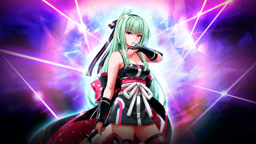 1girl bare_shoulders beatmania_iidx black_hairband breasts fingerless_gloves gloves goli_matsumoto green_hair hairband highres holding holding_sword holding_weapon japanese_clothes long_hair medium_breasts mouth_hold non-web_source obi official_art parted_lips purple_eyes sash saya_(beatmania) solo sword thighhighs thighs weapon