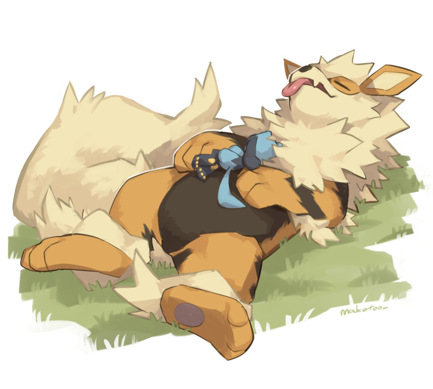 arcanine artist_name black_fur blue_fur blue_tail dog full_body grass highres lying makoto_ikemu on_back on_stomach orange_fur pokemon pokemon_(creature) riolu simple_background sleeping striped_fur tongue tongue_out white_background