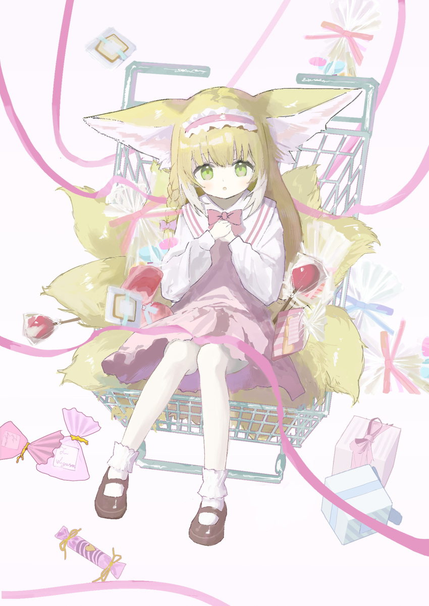 1girl absurdres animal_ears arknights bad_hands blonde_hair brown_footwear candy commentary food fox_ears fox_girl fox_tail full_body gift green_eyes hairband highres in_basket kitsune lollipop long_hair looking_at_viewer mary_janes mikeneko90 multiple_tails parted_lips pink_ribbon pink_skirt ribbon shirt shoes simple_background skirt socks solo suzuran_(arknights) tail white_background white_hair white_shirt white_socks wrapped_candy