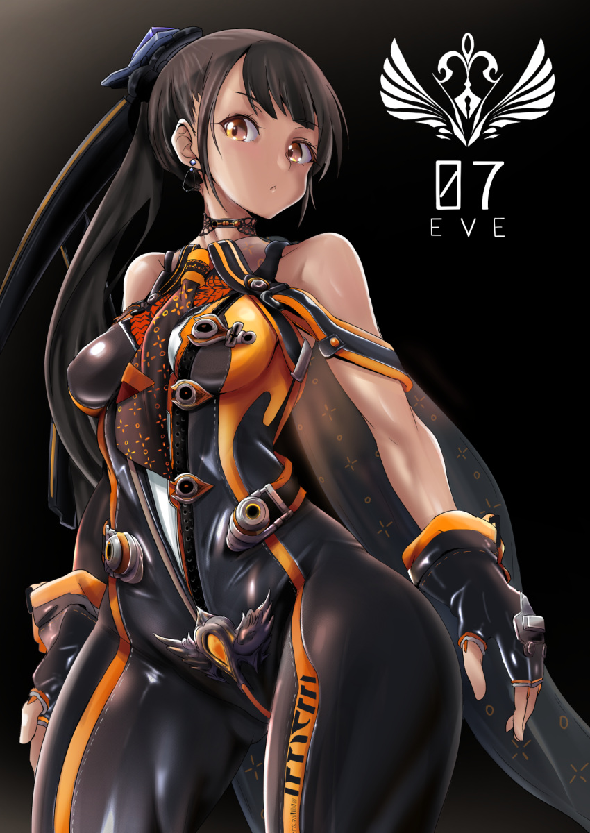 1girl black_background black_bodysuit black_gloves black_hair bodysuit breasts brown_eyes character_name commentary_request dangle_earrings earrings edoara eve_(stellar_blade) fingerless_gloves gloves hair_ornament highres impossible_bodysuit impossible_clothes jewelry long_hair looking_at_viewer medium_breasts orange_bodysuit planet_diving_suit_(7th)_v2_(stellar_blade) ponytail skin_tight solo stellar_blade very_long_hair