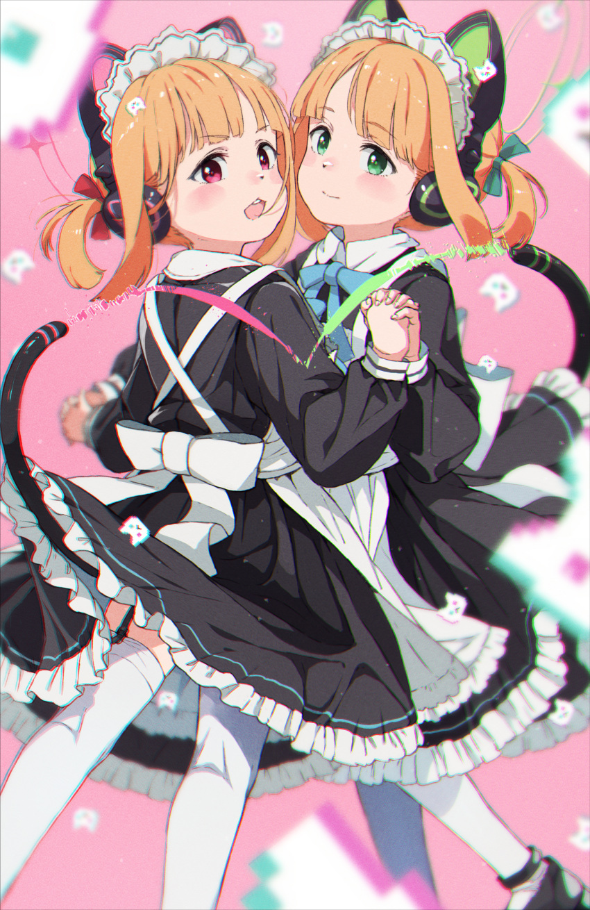 2girls animal_ear_headphones animal_ears apron black_dress black_footwear blonde_hair blue_archive blush cat_tail closed_mouth dress fake_animal_ears frilled_apron frilled_dress frills gomennasai green_eyes green_halo halo headphones highres long_sleeves maid maid_apron maid_headdress midori_(blue_archive) midori_(maid)_(blue_archive) momoi_(blue_archive) momoi_(maid)_(blue_archive) multiple_girls official_alternate_costume open_mouth pink_halo red_eyes shoes short_hair siblings sisters smile tail thighhighs twins white_apron white_thighhighs