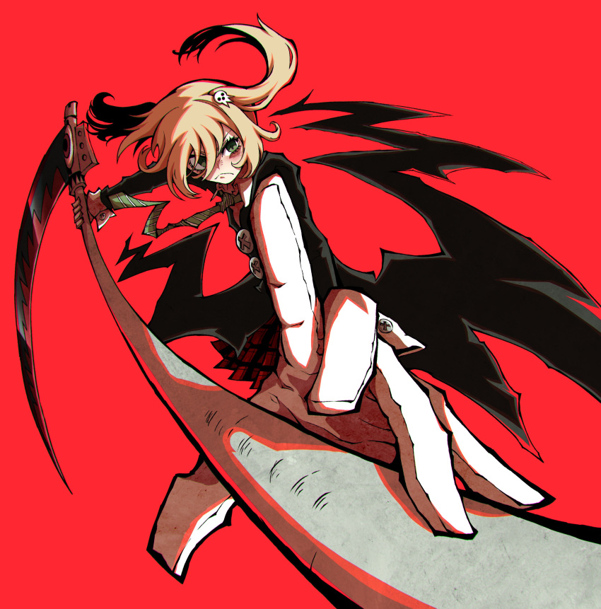 1girl absurdres bags_under_eyes blonde_hair cardigan gloves green_eyes hair_ornament highres holding holding_scythe holding_weapon huge_weapon incoming_attack kekel maka_albarn necktie red_background scythe skull_hair_ornament sleeve_cuffs soul_eater striped_necktie twintails weapon white_gloves