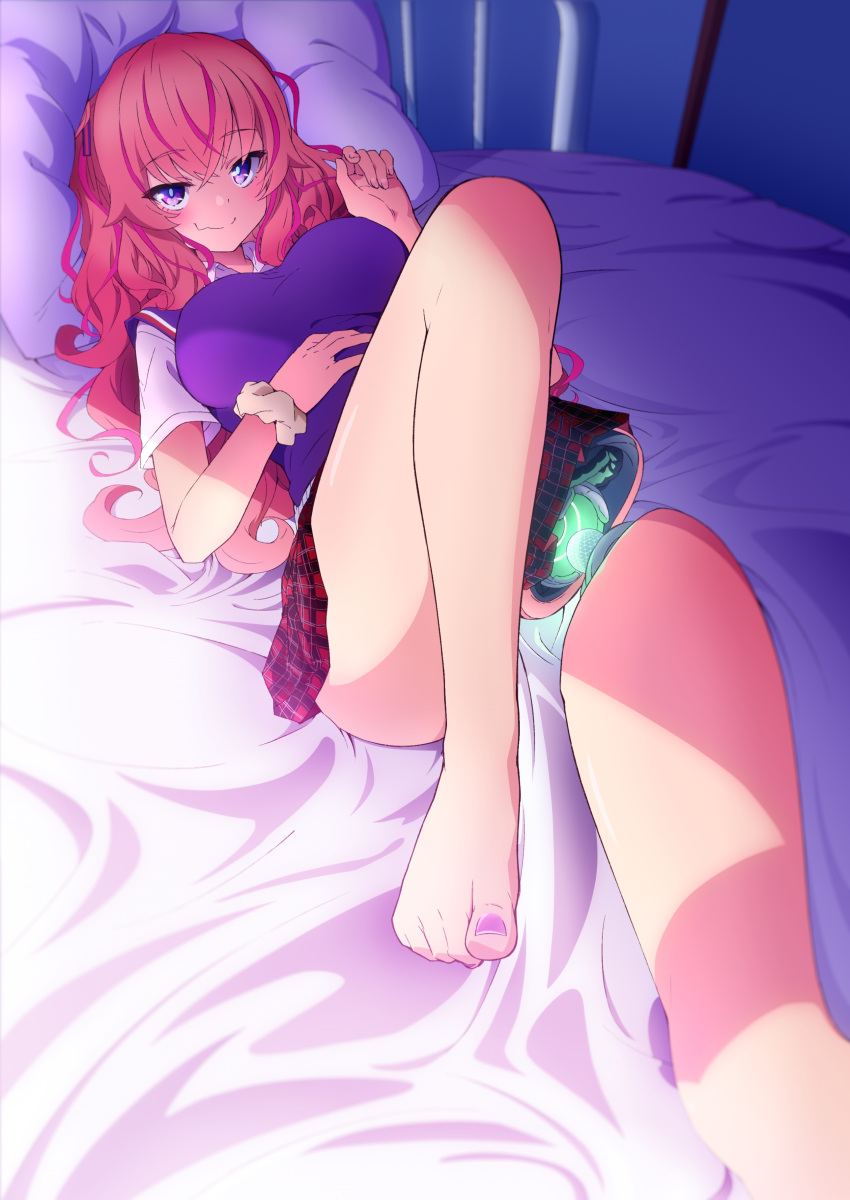 1girl absurdres android barefoot character_request closed_eyes commentary english_commentary foot_out_of_frame highres kakushite!_makina-san!! key_visual knee_up long_hair looking_at_viewer lying miniskirt nail_polish official_art on_back on_bed pillow pink_hair plaid plaid_skirt promotional_art purple_eyes purple_nails purple_sweater red_skirt school_uniform skirt smile solo sweater textless_version third-party_source