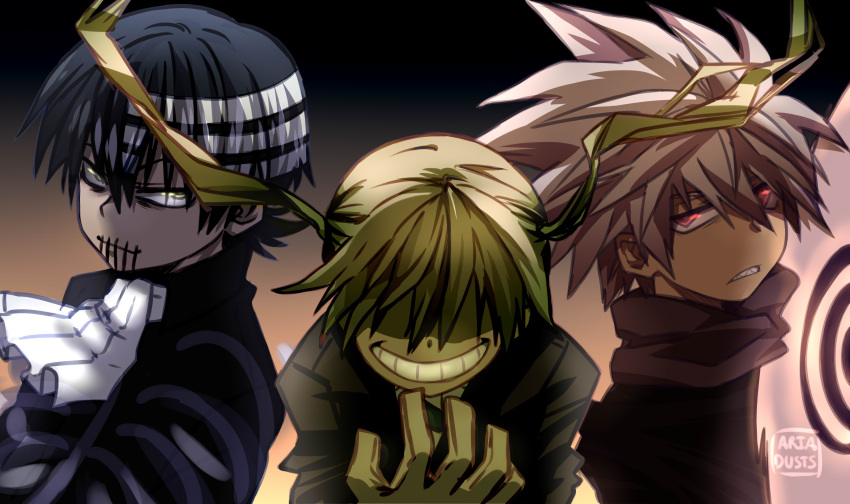 1girl 2boys absurdres ariadusts artist_name ascot black_hair blonde_hair cardigan crazy_smile death_the_kid eyes_in_shadow gloves highres looking_at_viewer multiple_boys red_eyes smile soul_eater stitched_mouth stitches striped_hair twintails white_gloves yellow_eyes