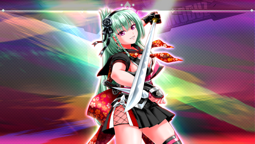 1girl beatmania_iidx black_hairband black_skirt black_thighhighs breasts fingerless_gloves gloves goli_matsumoto green_hair hairband holding holding_knife holding_sword holding_weapon japanese_clothes knife long_hair medium_breasts non-web_source obi official_art parted_lips purple_eyes sash saya_(beatmania_iidx) skirt solo sword thighhighs thighs weapon