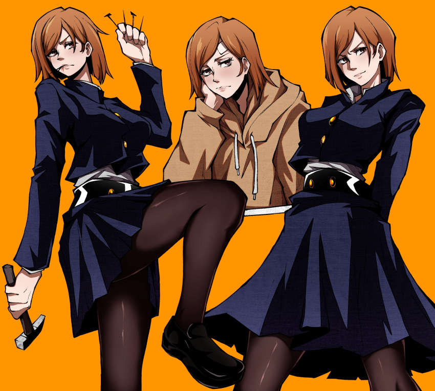 1girl absurdres bob_cut breasts brown_eyes brown_hair brown_hoodie hammer head_on_hand highres holding holding_hammer holding_nail hood hoodie jujutsu_kaisen jujutsu_tech_uniform kekel kugisaki_nobara leg_lift long_sleeves medium_breasts mouth_hold nail orange_background skirt