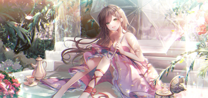 1girl brown_hair cup dress green_hair holding holding_umbrella long_hair music_box original ozzingo plant ribbon sitting solo stairs strapless strapless_dress teacup teapot transparent transparent_umbrella umbrella