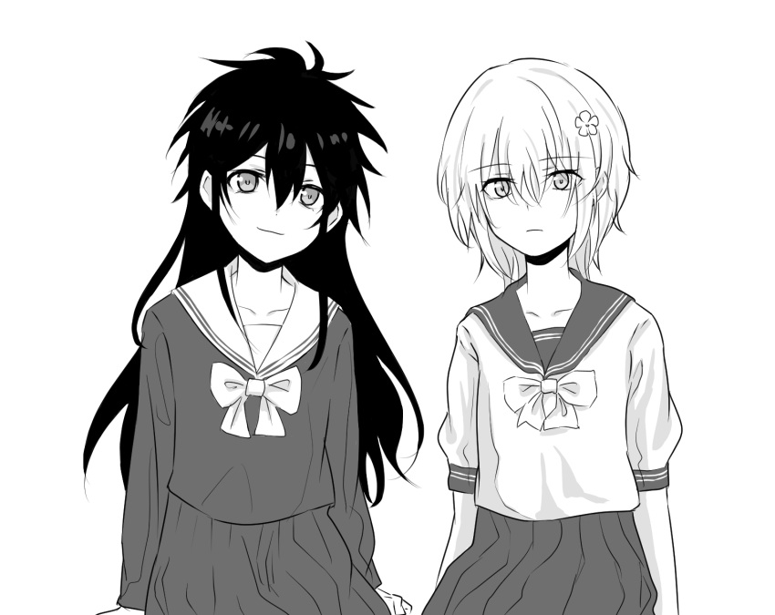 2girls a_certain_high_school_uniform accelerator_(toaru_majutsu_no_index) bow closed_mouth collarbone commentary_request genderswap genderswap_(mtf) greyscale hair_between_eyes hair_over_eyes highres kamijou_touka_(toaru_majutsu_no_index) kamijou_touma long_hair long_sleeves looking_at_viewer monochrome multiple_girls sailor_collar school_uniform serafuku shirt short_hair skirt smile smkei summer_uniform suzushina_yuriko toaru_majutsu_no_index winter_uniform