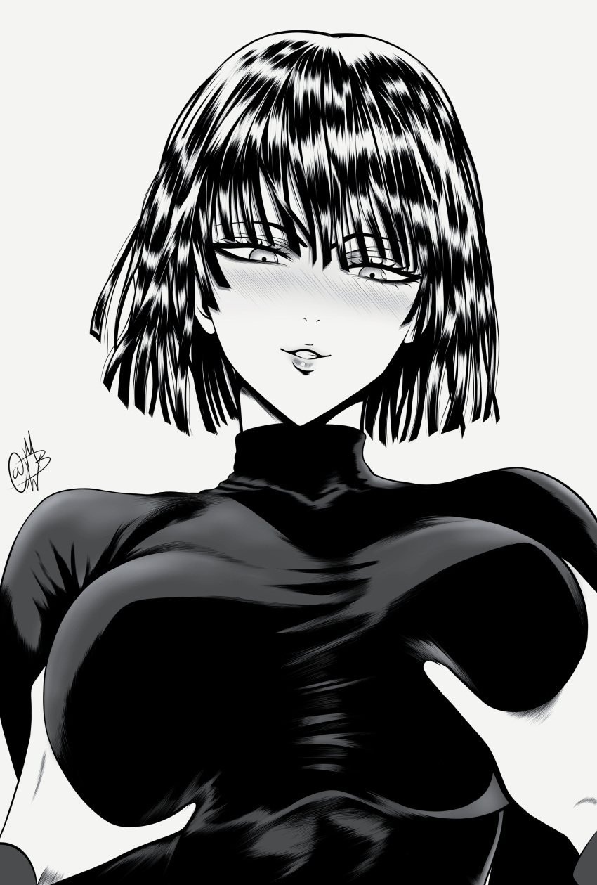1girl absurdres artist_name blush breasts fubuki_(one-punch_man) grabbing grabbing_another's_breast grey_background greyscale groping highres large_breasts lips monochrome mostlybluewyatt one-punch_man out_of_frame parted_lips short_hair signature simple_background smile upper_body