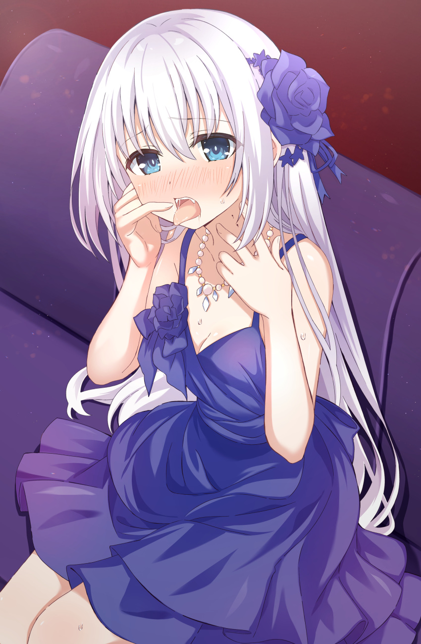 1girl absurdres artina bare_shoulders blue_eyes blush breasts cleavage collar date_a_live dress flower hair_flower hair_ornament hairclip highres indoors long_hair looking_at_viewer medium_breasts open_mouth purple_dress sitting solo tobiichi_origami tongue tongue_out white_hair