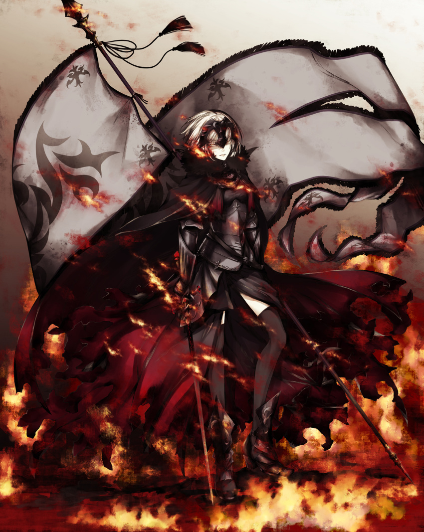 1girl armor armored_boots armored_dress banner black_cape black_dress black_footwear black_legwear boots cape closed_mouth dress fate/grand_order fate_(series) fire full_body gauntlets headpiece highres holding holding_sword holding_weapon jeanne_d'arc_(alter)_(fate) jeanne_d'arc_(fate)_(all) looking_at_viewer no_mae_(mikakatachi) short_hair silver_hair solo standing sword thighhighs weapon yellow_eyes