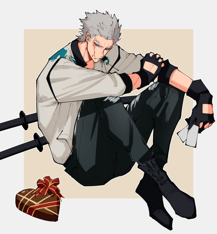 1boy absurdres black_gloves blue_eyes candy chocolate denim dragon_print fate/grand_order fate_(series) food gloves grey_hair hair_slicked_back haruakira heart heart-shaped_chocolate highres holding holding_ticket jacket jeans katana knees_to_chest male_focus mouth_hold nagakura_shinpachi_(fate) pants red_ribbon ribbon scar scar_on_cheek scar_on_face shirt short_hair sitting stalk_in_mouth sword valentine weapon white_jacket