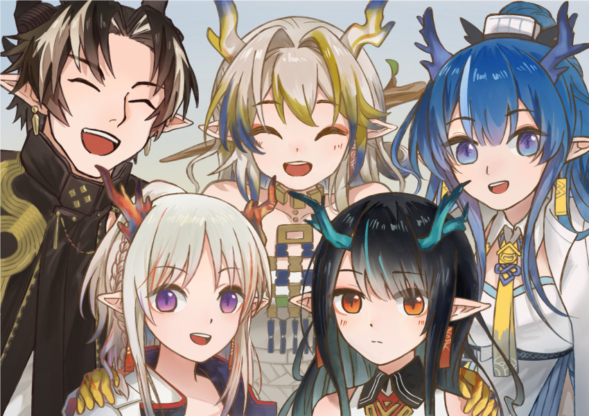 1boy 4girls :d ^_^ aqua_hair aqua_horns arknights bare_shoulders black_hair blonde_hair blue_eyes blue_hair blue_horns braid brother_and_sister brown_robe chinese_clothes chinese_commentary chong_yue_(arknights) closed_eyes closed_mouth commentary_request detached_collar dragon_boy dragon_girl dragon_horns dusk_(arknights) earrings ethel_(wuming165872) expressionless facing_viewer family grey_hair grey_horns group_picture hair_intakes hand_on_another's_shoulder high_collar highres horns jewelry ling_(arknights) long_hair looking_at_viewer multicolored_hair multiple_girls necklace necktie nian_(arknights) open_mouth orange_eyes pointy_ears purple_eyes red_hair red_horns robe shu_(arknights) siblings sidelocks sisters sketch smile split_mouth streaked_hair teeth upper_body upper_teeth_only yellow_horns yellow_necktie