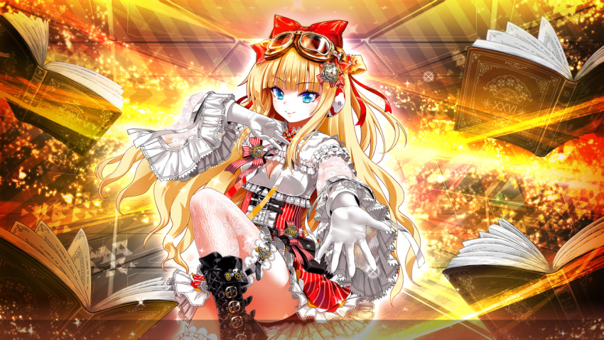 1girl beatmania_iidx black_gloves blonde_hair blue_eyes blunt_bangs bow breasts cleavage eyewear_on_head gloves goli_matsumoto hair_bow hair_ornament headphones himmel_(beatmania_iidx) long_hair medium_breasts non-web_source official_art sidelocks skirt smile solo thighs