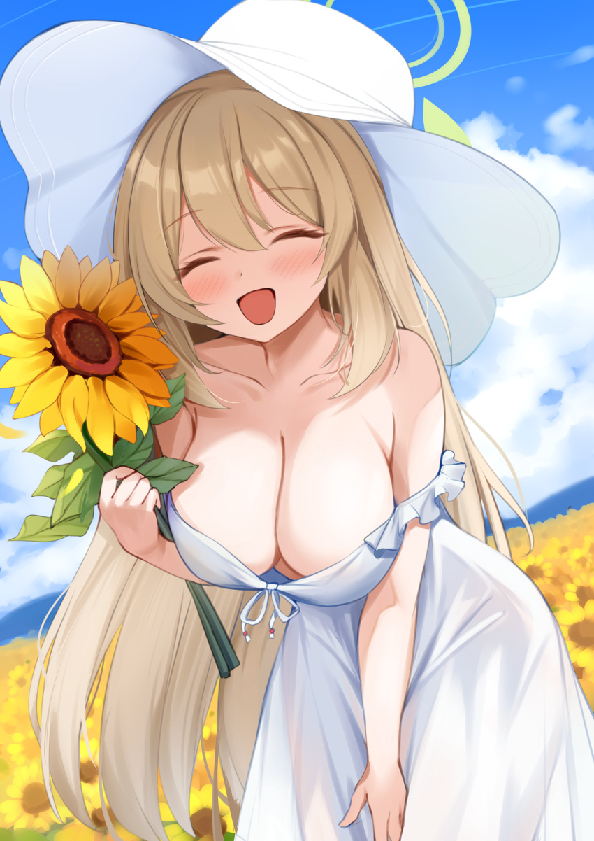 1girl :d ^_^ alternate_costume bare_shoulders blue_archive blue_sky breasts brown_hair cleavage closed_eyes cloud commentary day dress field flower flower_field green_halo halo hat highres holding holding_flower large_breasts long_hair nonomi_(blue_archive) outdoors sky smile solo sunflower sunflower_field symbol-only_commentary white_dress white_hat yondomizu