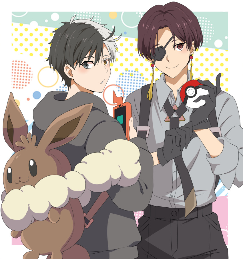 2boys absurdres black_gloves black_hair black_pants brown_hair collared_shirt earrings eyepatch gloves grey_jacket grey_shirt hayato_suou heterochromia highres hood hooded_jacket jacket jewelry male_focus masako_(sabotage-mode) multicolored_hair multiple_boys pants poke_ball poke_ball_(basic) pokemon sakura_haruka_(wind_breaker) shirt smile split-color_hair upper_body white_hair wind_breaker_(nii_satoru)